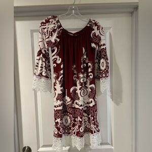 burgundy floral dresss with bell sleeves